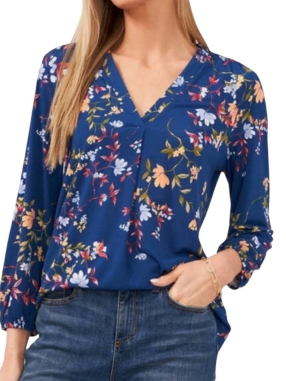 Two by Vince Camuto Navy Floral Blouse